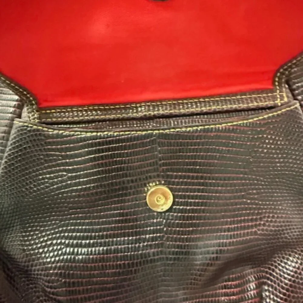Dooney & Bourke Lizard Embossed Leather Shoulder Bag Brown Red Interior - Picture 5 of 6